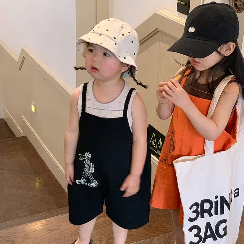

2023 Summer New Children Cartoon Print Overalls Baby Boys Girls Cotton Breathable Kids Toddler Solid Versatile Casual Shorts
