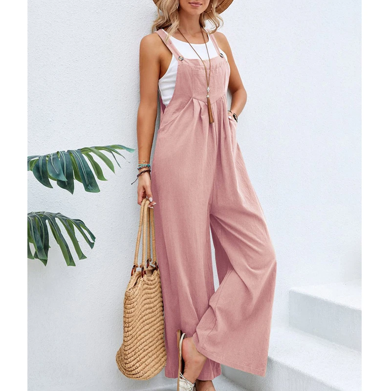 2023 Summer Women Vintage Ruffle Loose Wide Leg Jumpsuit Pockets Sleeveless Strap Overalls Streetwear Rompers Outfits Pantalones