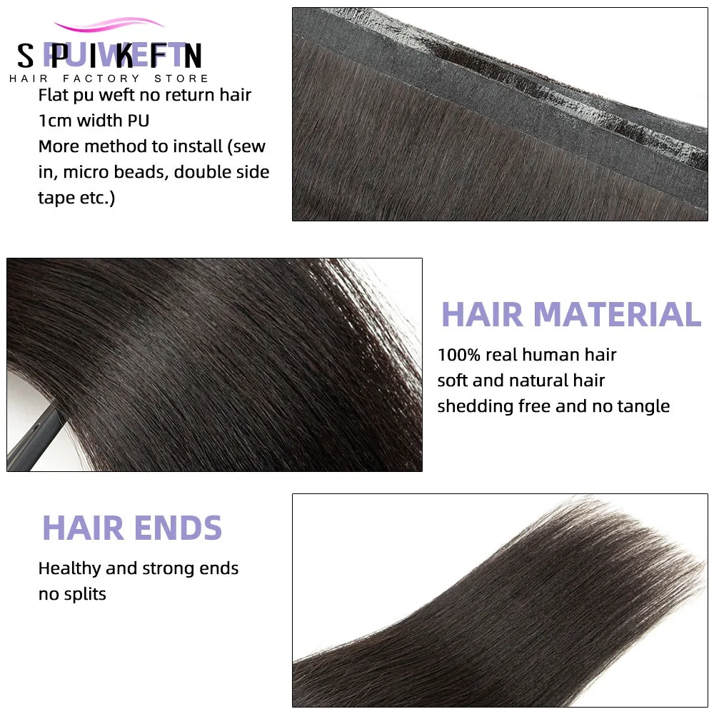 Light Yaki PU Skin Weft Hair Extensions 8"-30" Inject Natural Black Human Hair Bundles 80cm Width No Tape Yaki Straight