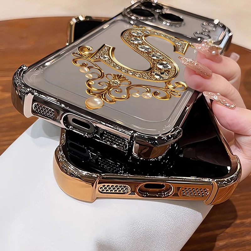 Luxurious Diamond & Gold S-Pattern Electroplated Phone Case - Shockproof Soft Cover