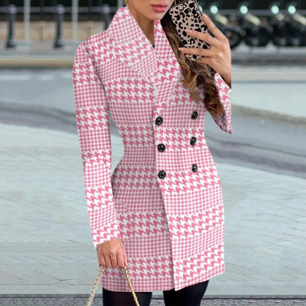 

Fall Winter Women Suit Coat Plaid Print Double-breasted Buttons Lady Business Jacket Commute Style Mid Length Formal Jacket