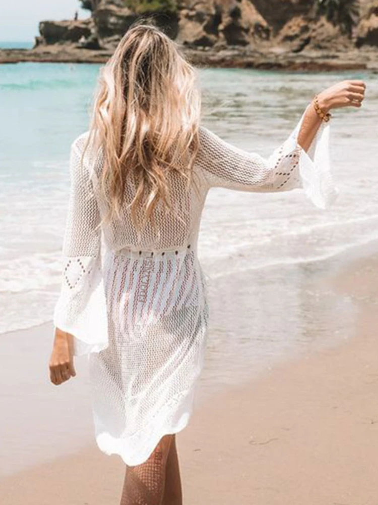 Women Beachwear Crochet Tunic Beach Wrap Dress Swimwear Swimsuit Cover-ups Sexy White Summer