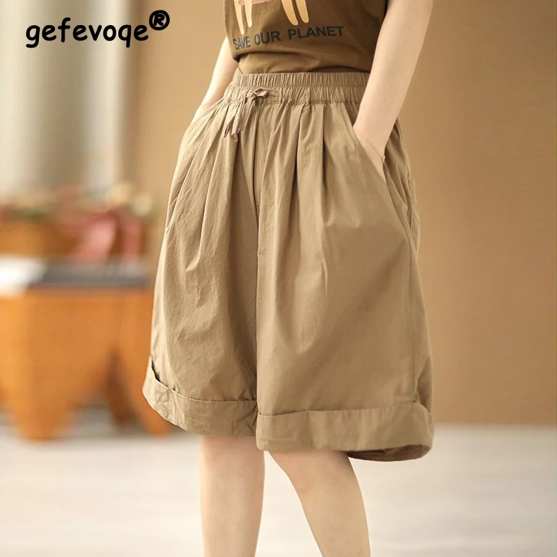 WomensClothingJapaneseStyleElasticHighWaistSimpleBeachShorts