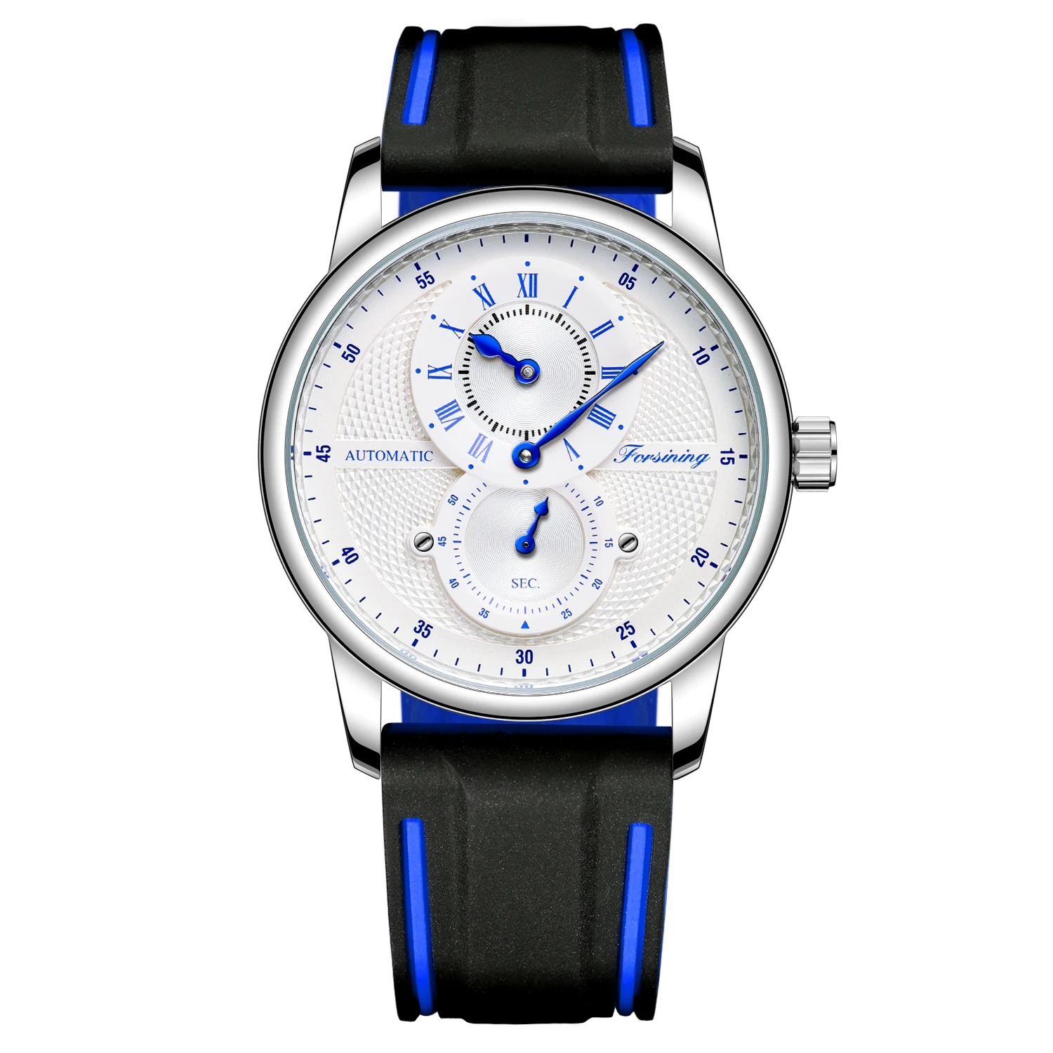 Forsining Orologio da polso automatico da uomo di lusso bianco blu Orologio meccanico impermeabile trasparente Orologio sportivo da uomo con cinturino in silicone_voghion.com