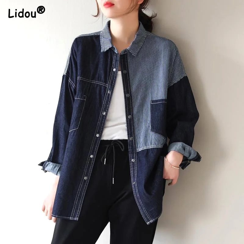 Spring Summer Blouses Loose Casual Thin Turn-down Collar Pockets Splicing Button Cardigan Young Style Irregular Women's Clothing