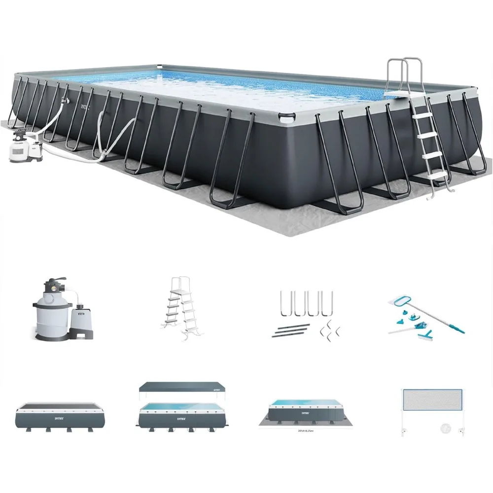 

32' X 16' X 52" Rectangular Outdoor Swimming Pool Set with Sand Filter Pump Saltwater System Pool Ladder Ground Cloth Pool Cover