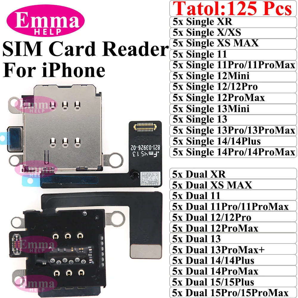 EmmaHelp 듀얼 SIM 카드 리더 커넥터 플렉스 케이블, 아이폰 11, 12, 13, 15 프로 맥스, 14 플러스, XR 싱글 트레이 슬롯 거치대 어댑터
