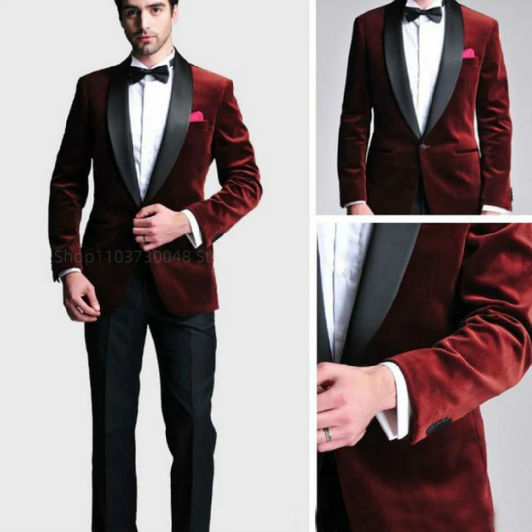 Slim Fit Men's Tuxedo Suit 2 Pieces Burgundy Velvet Blazer And Pants Shawl Lapel Full Man Terno Male Suit for Wedding Party