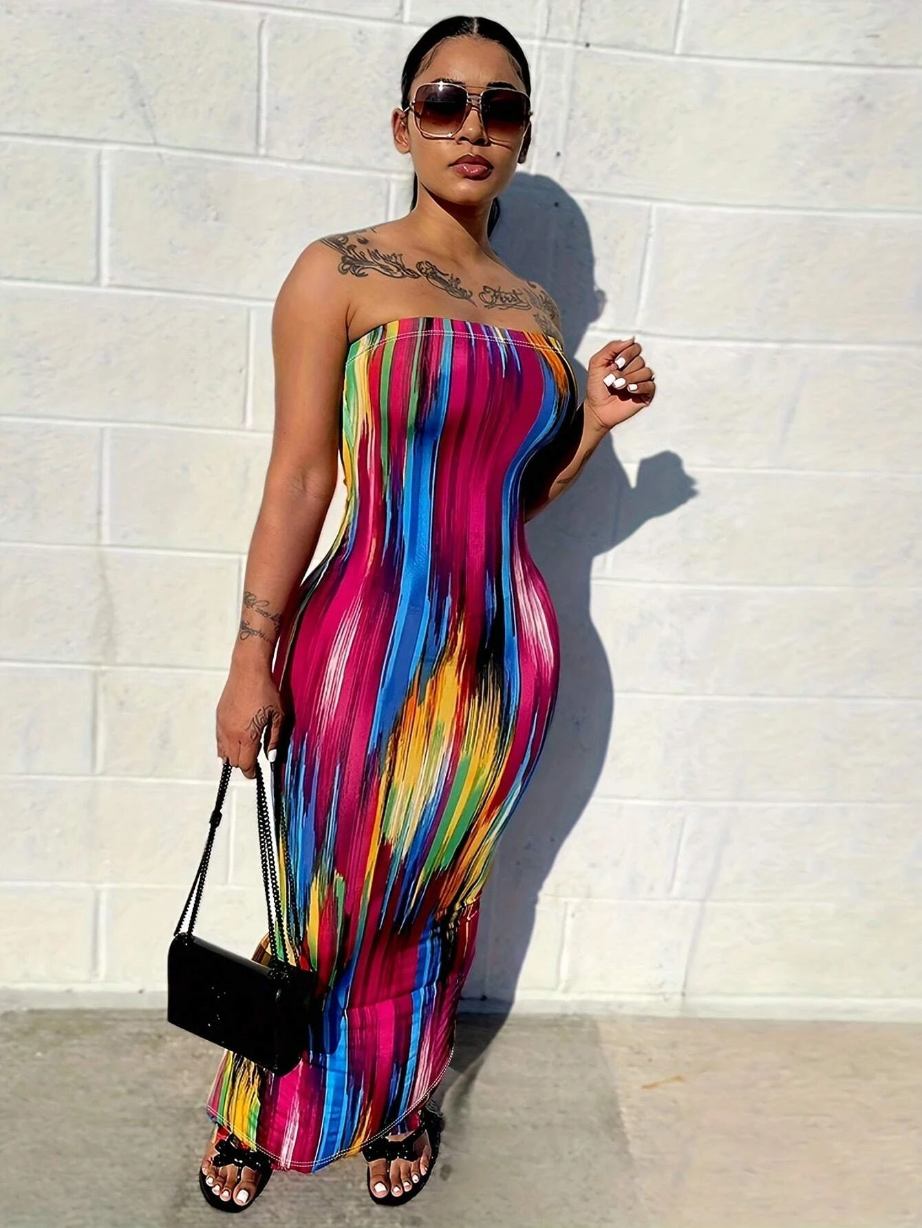 

Colorful Striped Print Strapless Long Dress Summer Women's Casual Female Clothing Fashion Design Ladies Fashion Dress Polyester
