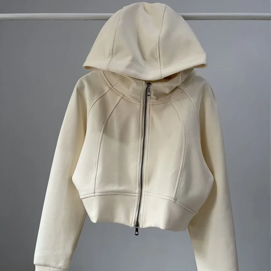 Women's Fashionable American Style Sweatshirt Loose-Fit Hooded Top Solid Color Short Jacket Air Layer Fabric Spring Autumn