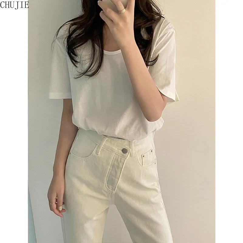 O Neck Pure Cotton White Short Sleeve Women Summer Casual T Shirt Basic Sexy Streetwear Ribber 11 Color Tops |