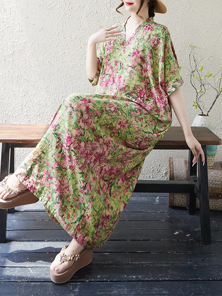Summer Cotton Vintage Casual Loose V-neck Print Dresses For Women Short Sleeve Dress Femme Vestidos Elegant Long Clothing
