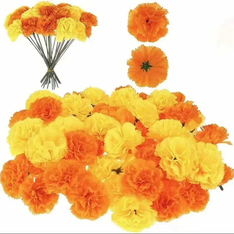 10–100 Stück künstliche Nelken-Ringelblumenköpfe für Halloween, Tag der Toten, Diwali, Festival, Dekoration, Partyzubehör