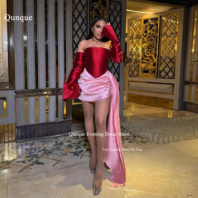 Women Prom Dresses Qunque Strapless Mini Prom Dresses Satin Party Gowns Customized