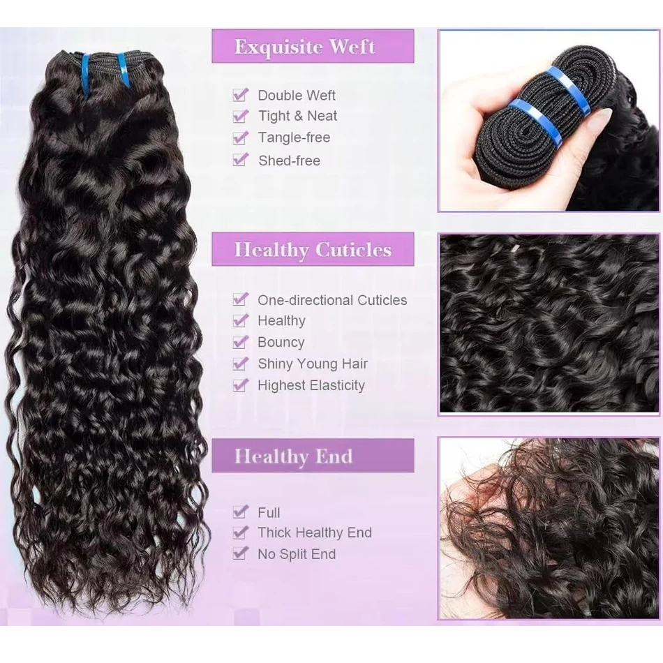Extensioni di capelli umani vergini malese Water Wave per donna, ondulate e bagnate, 1/3/4 pezzi, capelli grezzi non trattati - immagine 2