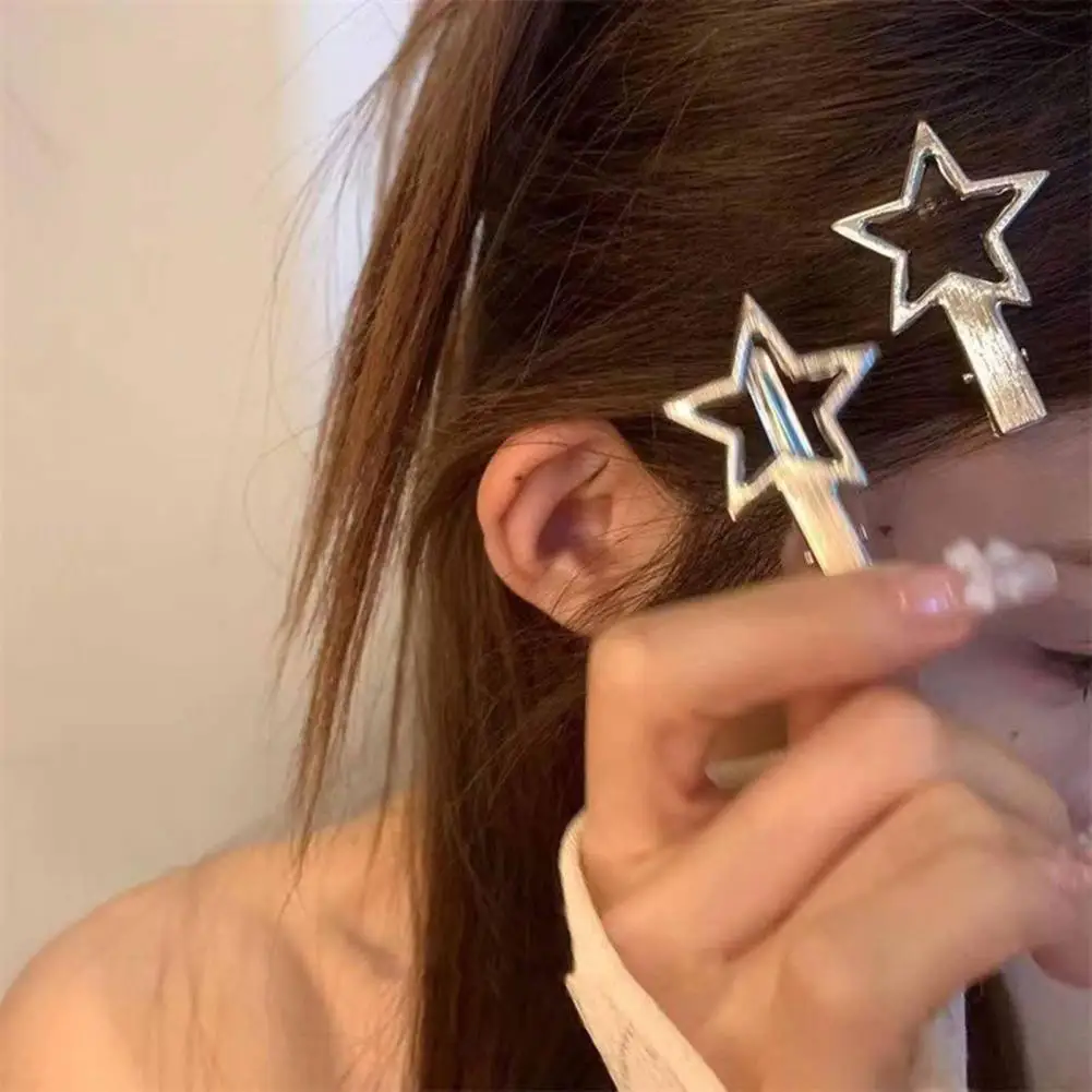 

2 Pcs Hairpins Star Shape Solid Color Hollow Frosted Stainless Alloy Side Clips Anti-slip Lady Bangs Clip Hair Accessories