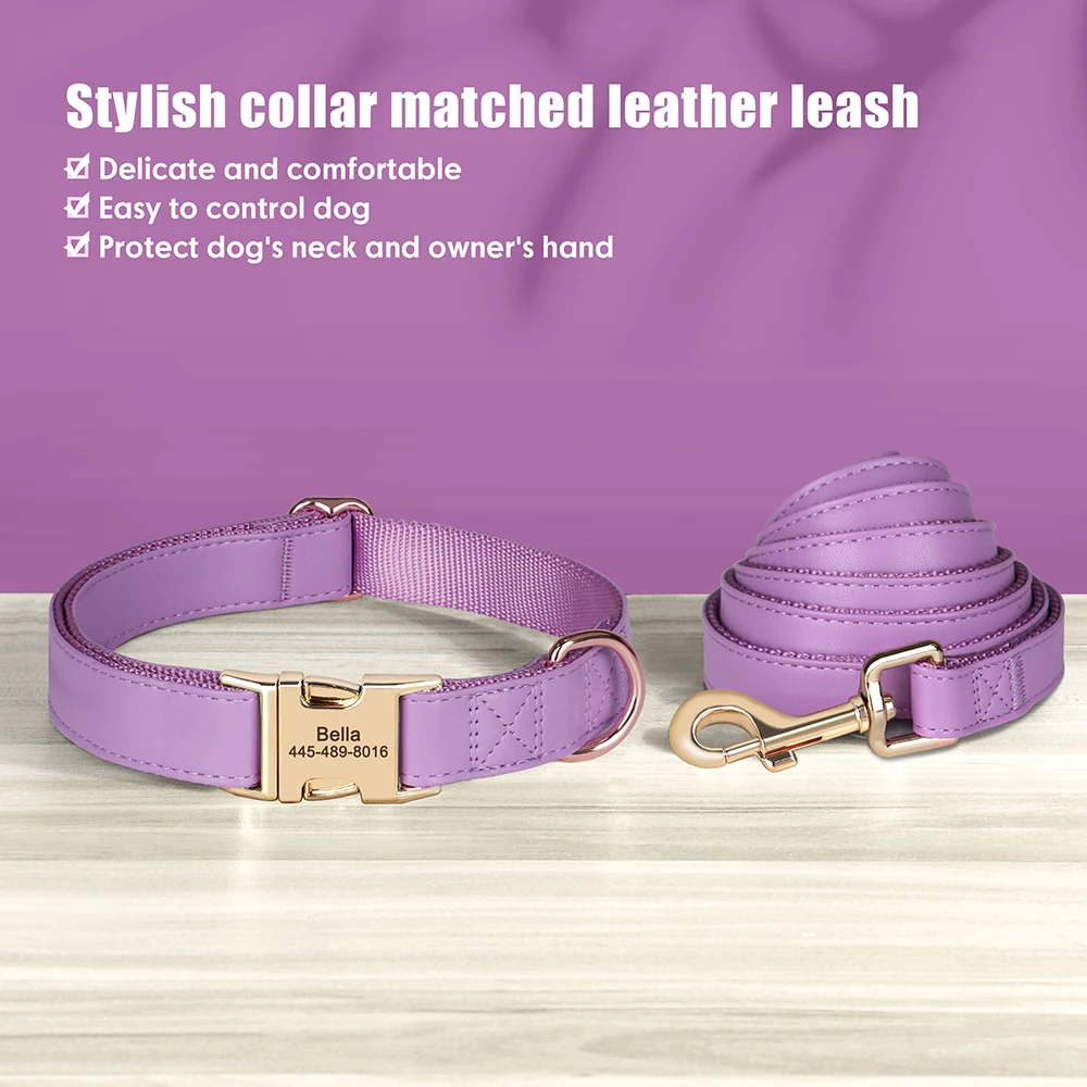 Engraved Leather Dog Collar And Leash Set For Small Medium Large Dogs_voghion.com