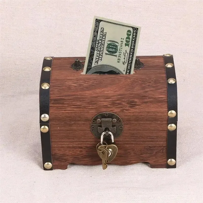Money saving box treasure chest with lock vintage storage piggy bank organizer for home retro decoration
