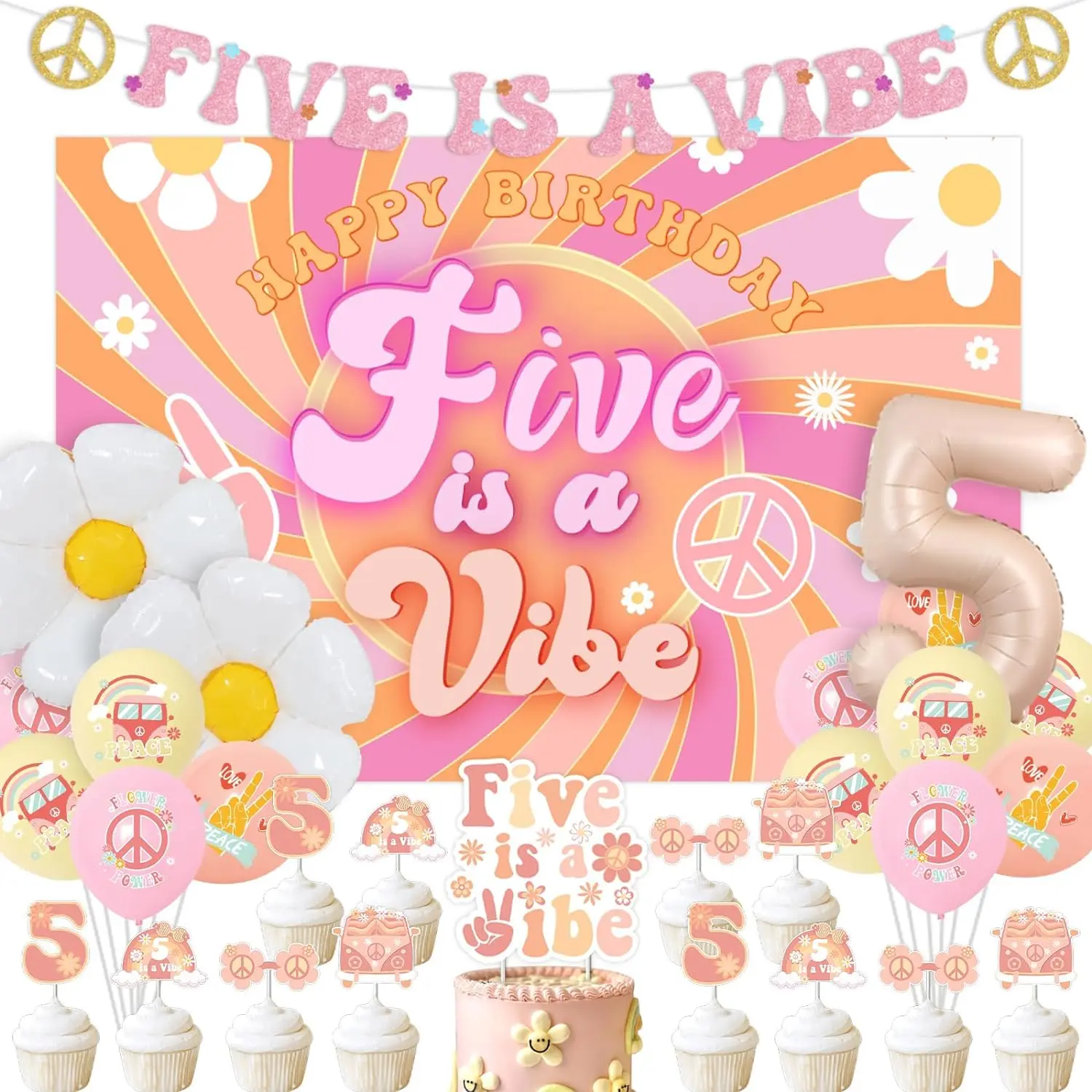 

Five Is A Vibe Birthday Party Decor Groovy 5th Banner Cupcake Toppers 5th Bday Party Backdrop for Hippie Groovy Party Supplies