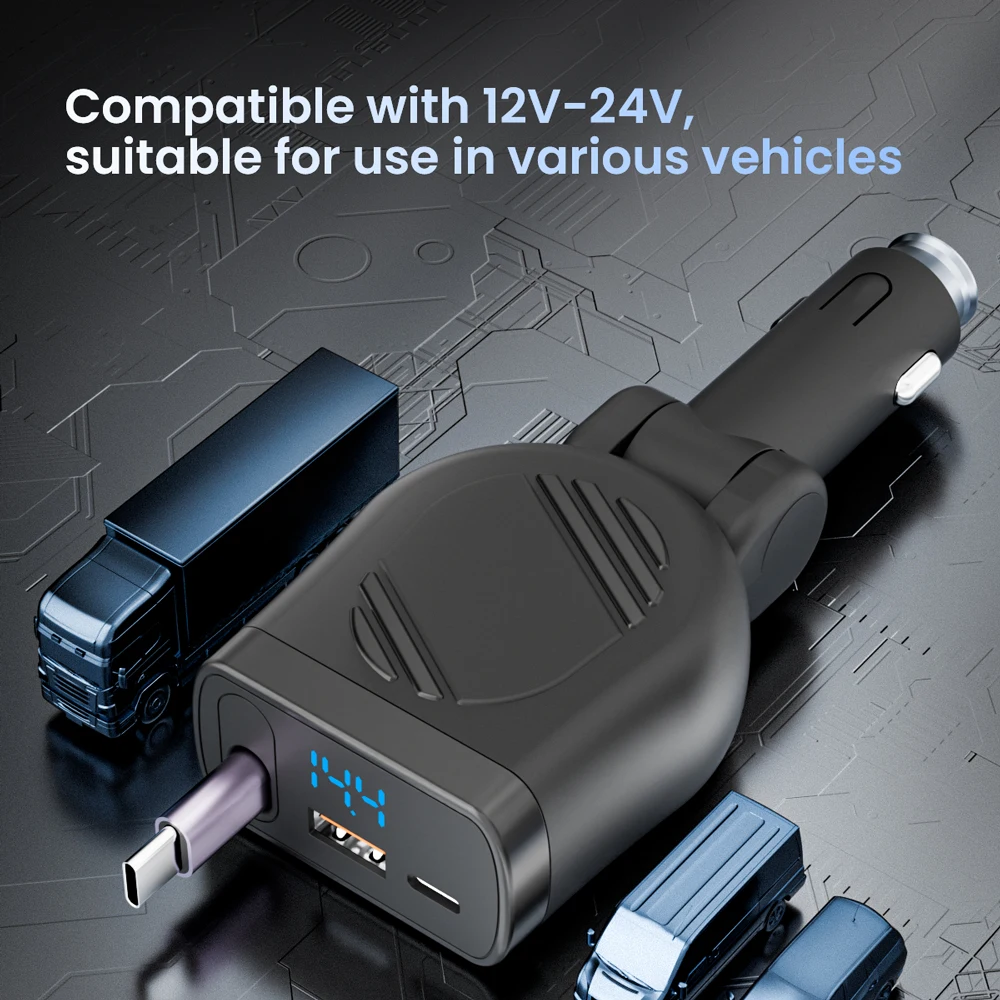 90W Fast Car Charger Retractable 3-in-1 PD3.0 QC3.0 PPS Fast Charging Car Phone Charger for IPhone 15 14 Pro Max Samsung Huawei