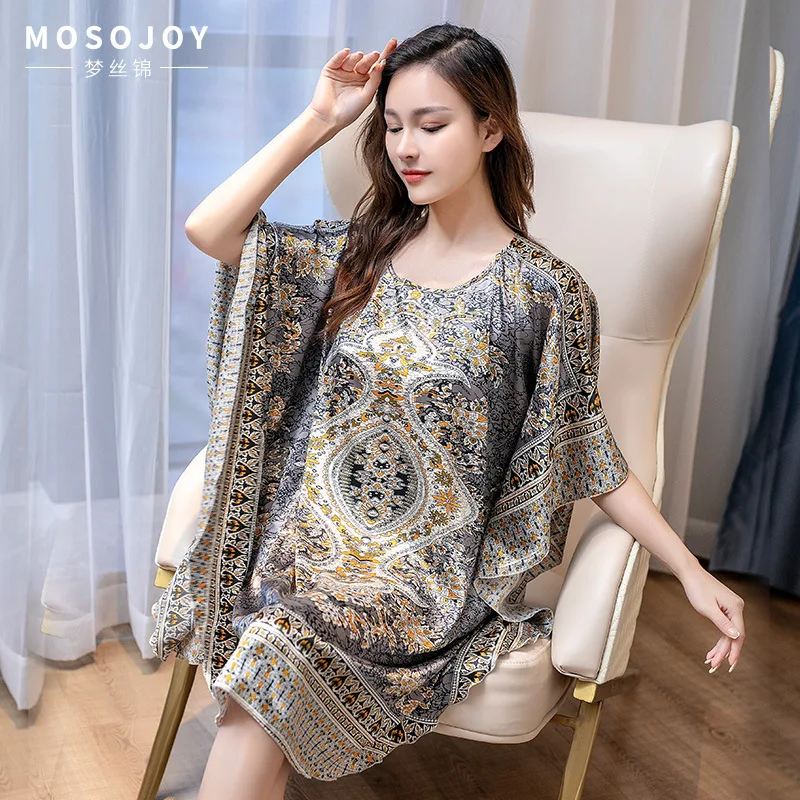 Lake Blue Chinese Women Silk Rayon Robe Dress Sexy Summer Printed Floral Nightwear Kimono Bath Gown Flowers One Size