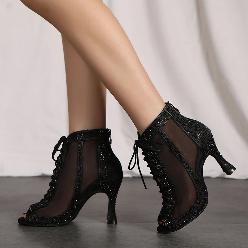 Women Dance Shoes Latin Dance Boots Salsa Dance Shoes Woman Rhinestone Jazz Short Boots