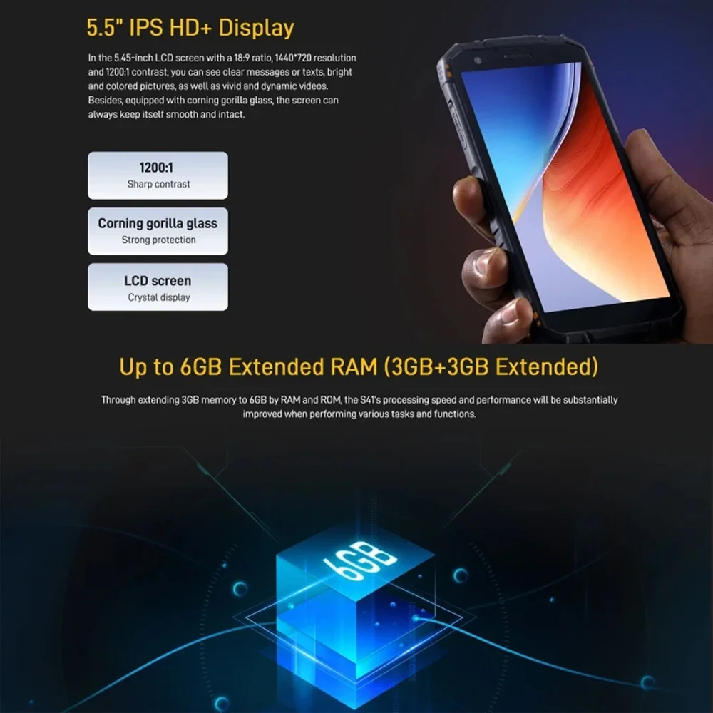 DOOGEE S41T 4G Rugged Smartphones 5.5Inch HD Screen 13MP Triple Camera Octa Core 4GB+64GB Android 12 Mobile Phone 6300mAh NFC