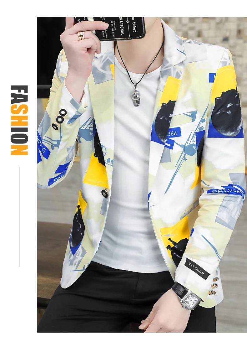 New Men's Fashion Suits Party Coats Spring Autumn Top Casual Slim Thin Blazer Print Formal Blazers Streetwear One Button Jackets men blazer