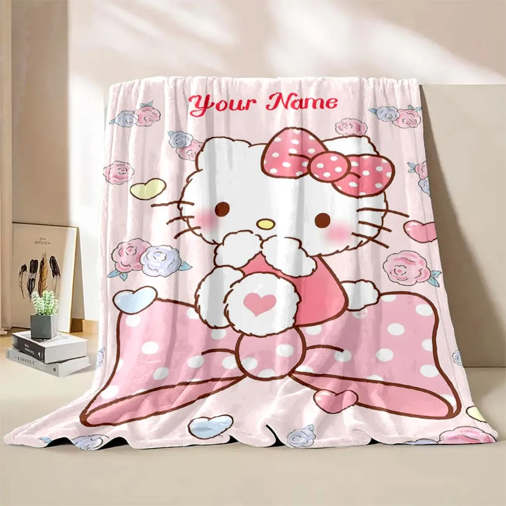 (Memo U Name)Name Personalized Blanket Sanrio Hello Kitty Printed for Sofa Bed Cover Camping Blanket Suitable for Gifts