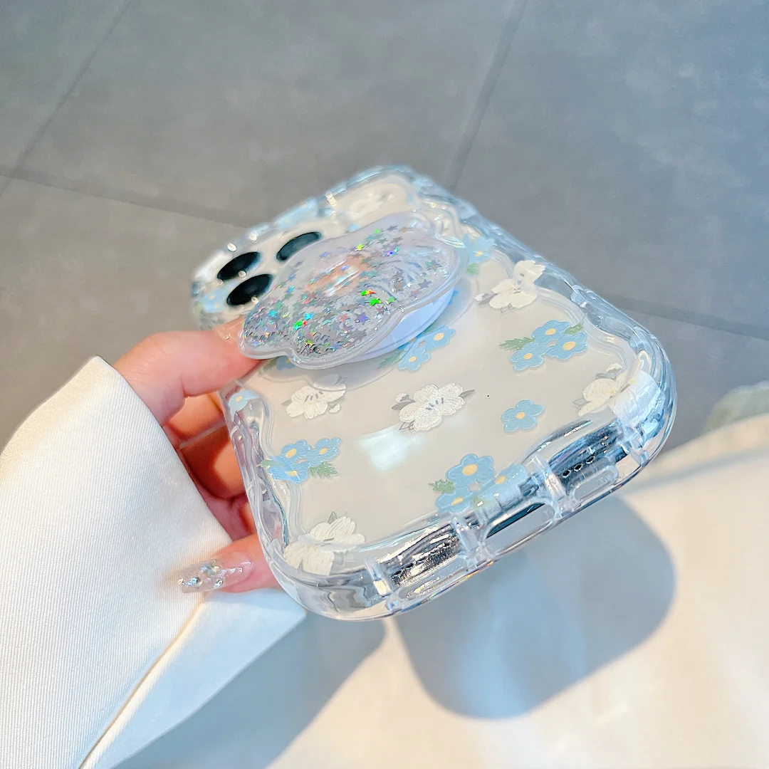 Chic Blue Floral Quicksand Grip Phone Case with Soft Holder