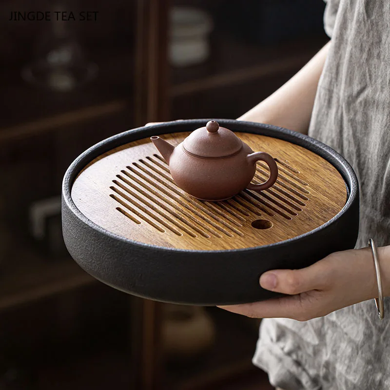 Black Ceramic Tea Tray Bamboo Panel Serving Tray Tea Set Supplies Water Storage Type Tea Table Living Room Trays Decorative