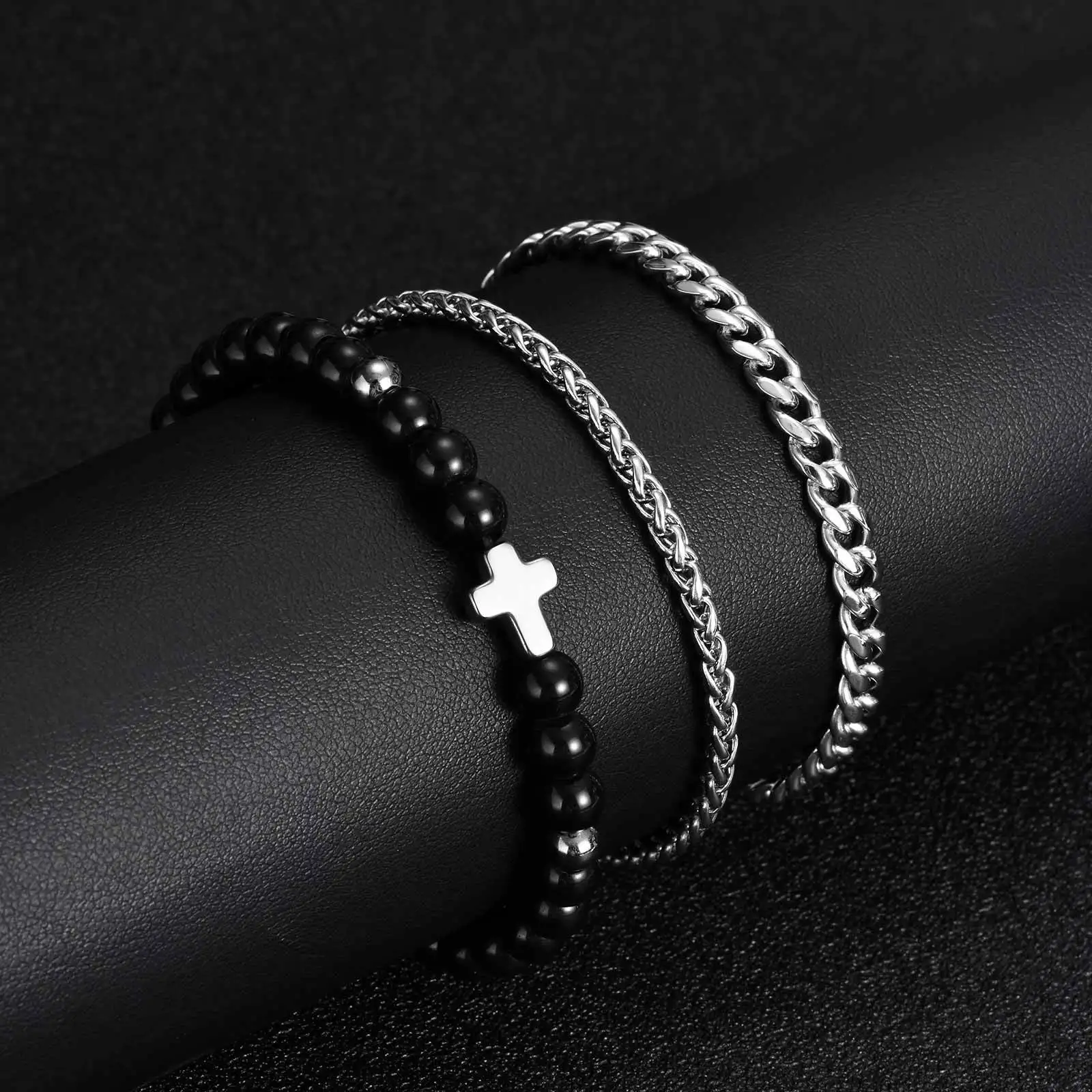 3pcs/set Men's Cross Bracelet,Waterproof Stainless Steel Cuban Chain Wristband,Gift for Husband Dad BBF Son