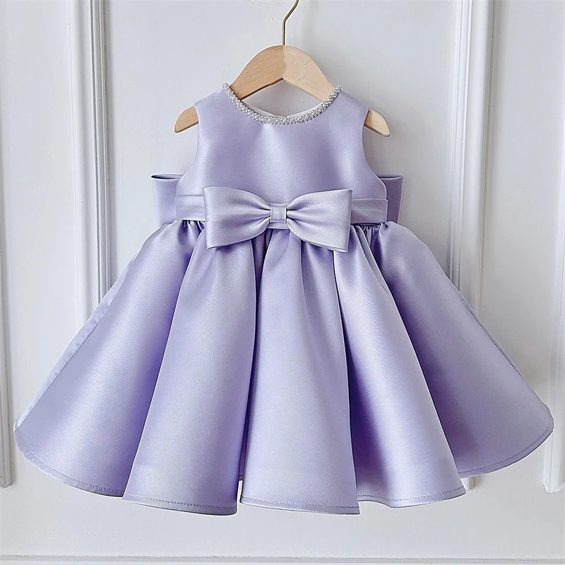 Flower Girl Dresses Princess Satin Bow Pearls Crystals Flower Girl Dress Children First Communion Dress Ball Gown Wedding Party Birthday Show