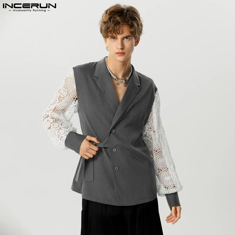 

Handsome Well Fitting Tops INCERUN New Men's Lace Hollowed Splicing Strap Design Suit Casual Fashionable Suit Jackets S-5XL 2023
