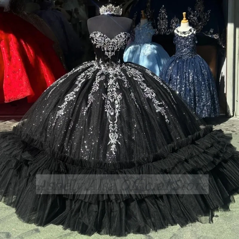 Mexico Black Sweetheart Quinceanera Dress Lace Appliques Corset Prom Dress 3D Flowers Ball Gown Sweet 16 Party Robe De Bal
