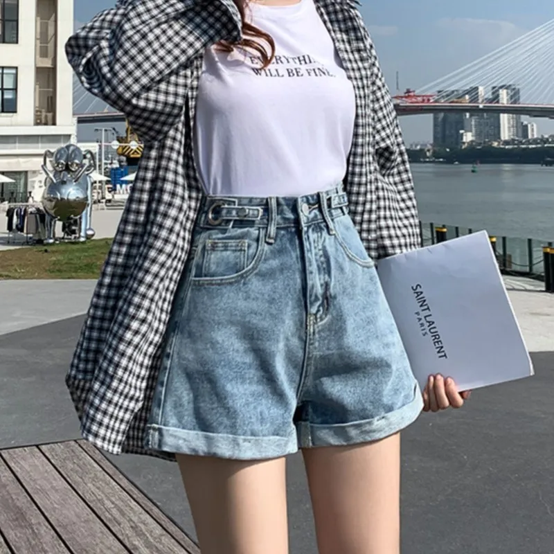 데님 여성용 하이웨이스트 와이드 레그 반바지, 조절 가능한 벨트와 밑단 달린 루즈한 여름 핫팬츠, 패션 브랜드
