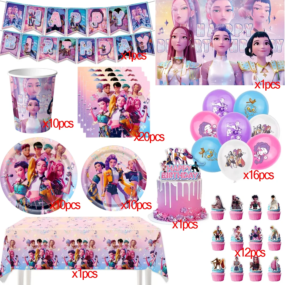 KPop Demon Hunters Theme Birthday Party Decoration Tableware Balloons Cup Plate Banner Kid Party Girls Baby Shower Supplies