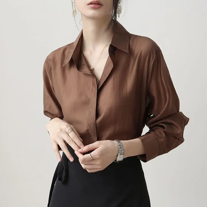 

2024 New Summer Elegant Fashion Retro Loose Casual Office Lady Women's Shirt Solid Color Chiffon Button V Neck Long Sleeve Tops