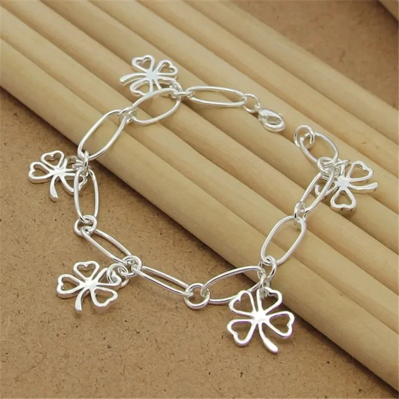 

Zhubo 925 Sterling Silver Color Bracelets Four Leaf Clover Paper Clip Bracelet 8 Inches For Women & Men Party Charm Jewelry Gift