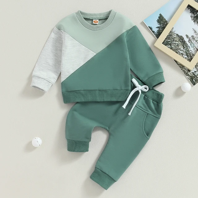 allshope Toddler Baby Boy Fall Outfit Checkerboard Patchwork Long Sleeve Sweatshirts Elastic Waist Pants Cute Newborn Clothes Set