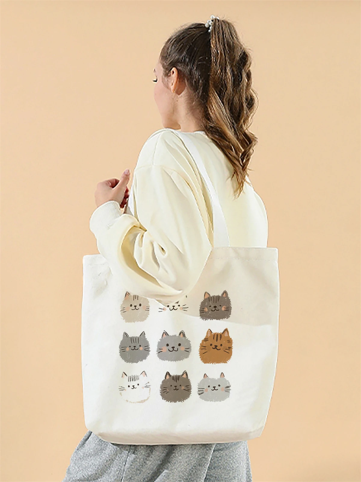 1 piece, cartoon cat pattern handbag, reusable fashionable handbag, multifunctional handbag, printed canvas shopping bag