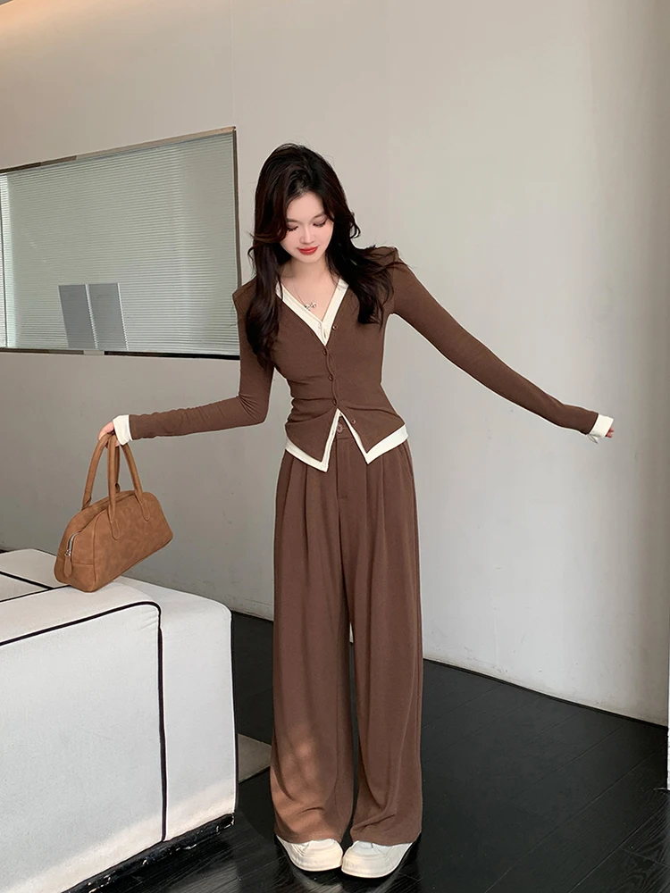 Autumn Casual Two-piece Pants Set Women Long Sleeves V-neck Single Breasted Top Wide Leg Pants Korean Fashion Outfits New