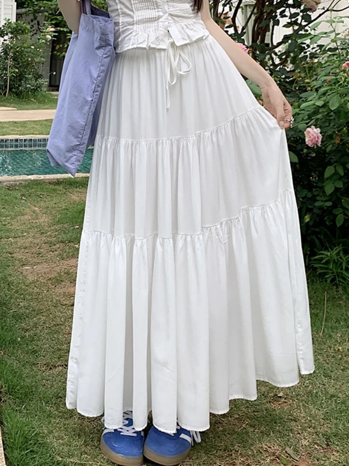 スカート girly lace frill long skirt (white) Women's Y2K Boho Ruffle Lace White Maxi Skirt Tiered Long