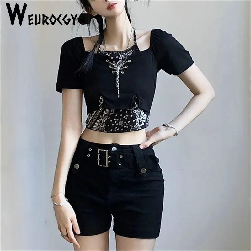 

2023 Summer Slim Trend Korean Style Hanging Neck Pullover Navel Exposed Women's Shirt Belt Hot Pants Streetwear Maiden Wind