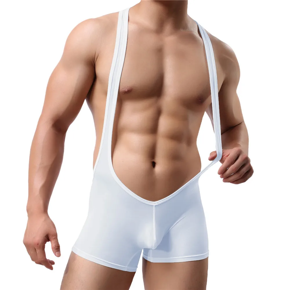 Men Elastic Undershirts Smooth Bodysuit One-Piece Jumpsuit Wrestling Singlet Leotard Pajamas Penis Pouch Boxer Shorts Underwear