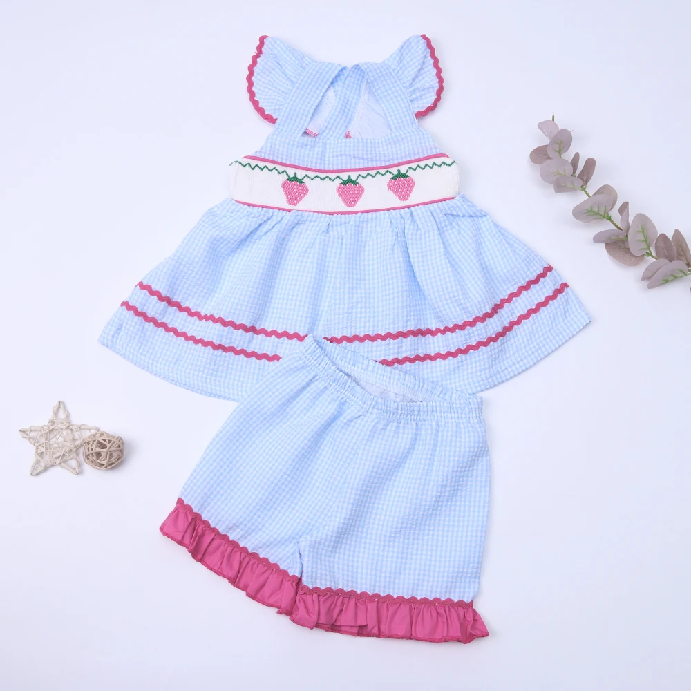 

1-8T Baby Girls Short Pants Sets Smocked Blue Dresss Outfits 2pcs Suits With Strawberry Hand Embroiderey Summer The New Listing