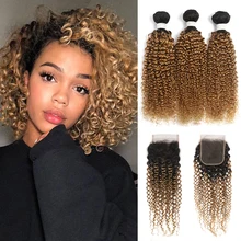 

Kinky Curly Bundles With Closure 4x4 Brazilian Human Hair Weave Bundles With Closure Ombre Blonde Brown Hair Extension GOODHAIR