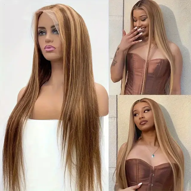 Perruque en cheveux humains densité 200, raide, avec mèches, 5x5, blond ombré, perruque en dentelle HD, 13x4, frontale en cheveux humains colorés, pré-épilée 1