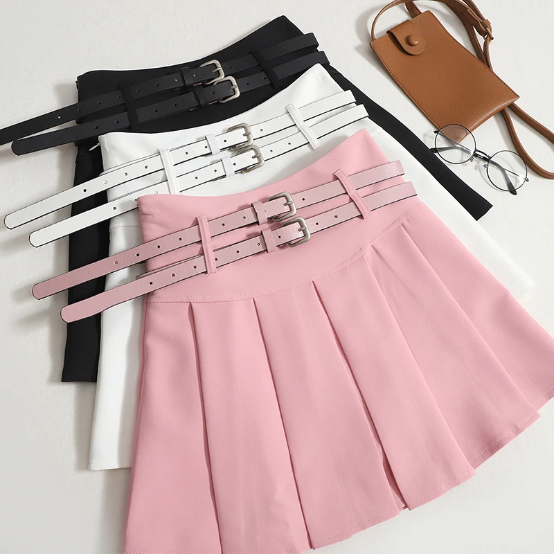 High Waist Spring Summer Mini Pleated Skirts Women Double Belt With Safety