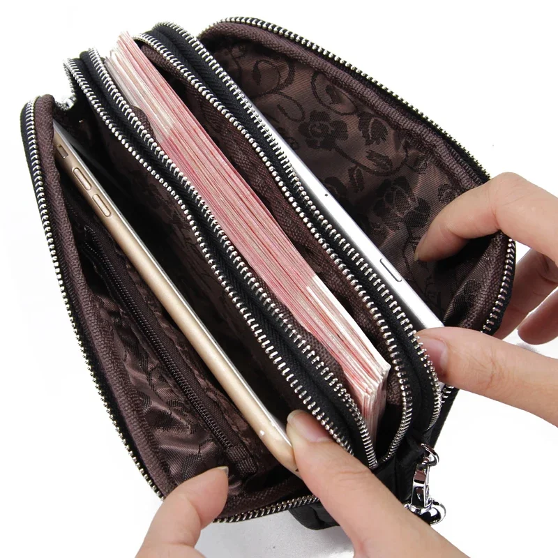 Women Wallet Women Long Wallet Genuine Leather 3-Layer Zipper Purse Bag Large Capacity Wristlet Clutch Wallets Phone Bag Money Purses